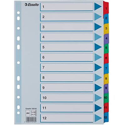Esselte Intercalaires A4 1-12, Touches et Bande Perforée Renforcées en Mylar, Carton Résistant, Bleu, 12 Onglets avec Table des Matières, 100162 Esselte Intercalaires A4 1-12, Touches et Bande Perforée Renforcées en Mylar, Carton Résistant, Bleu, 12 Onglets avec Table des Matières, 100162