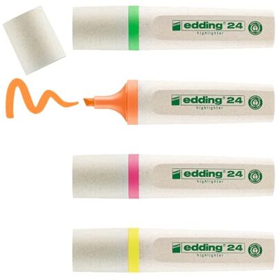 Edding 24 EcoLine Surligneur -Étui de 4 Jaune, orange, rose, vert Pointe biseautée 2-5 mm pour marquer et surligner textes, notes facilement et rapidement rechargeable, en matériau recyclable Edding 24 EcoLine Surligneur -Étui de 4 Jaune, orange, rose, vert Pointe biseautée 2-5 mm pour marquer et surligner textes, notes facilement et rapidement rechargeable, en matériau recyclable