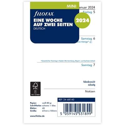 Filofax Mini calendrier 2024, 1 semaine sur 2 pages, en allemand Filofax Mini calendrier 2024, 1 semaine sur 2 pages, en allemand
