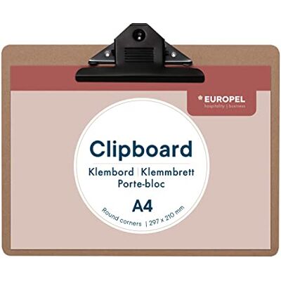 Europel Porte-bloc en bois durable avec clip en métal noir et trou de suspension dissimulé A4 pour école, salle de classe, bureau, entreprise, restaurant, entrepôt, marron, 197000 Europel Porte-bloc en bois durable avec clip en métal noir et trou de suspension dissimulé A4 pour école, salle de classe, bureau, entreprise, restaurant, entrepôt, marron, 197000