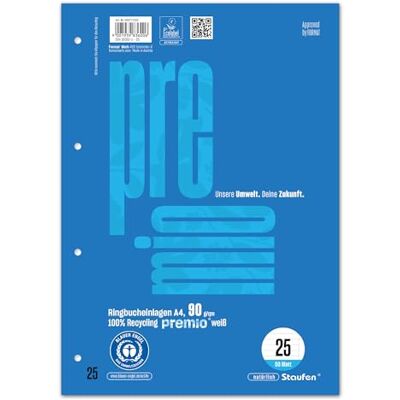 Staufen premio Lot de 5 blocs de 50 feuilles chacun, format A4, linéature 25 (lignées de 9 mm avec marge), 4 perforations, papier recyclé 90 g/m² Staufen premio Lot de 5 blocs de 50 feuilles chacun, format A4, linéature 25 (lignées de 9 mm avec marge), 4 perforations, papier recyclé 90 g/m²