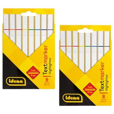 Idena 90264 Lot de 2 paquets de 8 surligneurs aux couleurs vives Pointe biseautée avec largeur de trait de 1 à 4 mm Idena 90264 Lot de 2 paquets de 8 surligneurs aux couleurs vives Pointe biseautée avec largeur de trait de 1 à 4 mm
