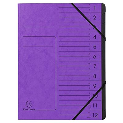 EXACOMPTA Réf. 541208E 1 trieur dos agrafé avec élastiques couverture imprimée en carte lustrée et intérieur en carte recyclée noire 12 compartiments dim 24,5x 32 cm A4 couleur violet EXACOMPTA Réf. 541208E 1 trieur dos agrafé avec élastiques couverture imprimée en carte lustrée et intérieur en carte recyclée noire 12 compartiments dim 24,5x 32 cm A4 couleur violet