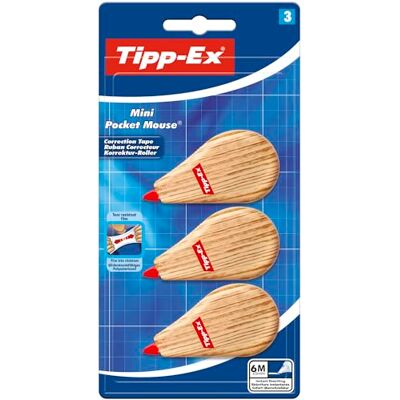 Tipp-Ex Ruban correcteur Mini Pocket Mouse – Optimal pour matériel scolaire – 6 m x 5 mm, lot de 3, couleur bois Tipp-Ex Ruban correcteur Mini Pocket Mouse – Optimal pour matériel scolaire – 6 m x 5 mm, lot de 3, couleur bois