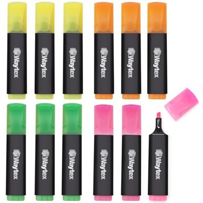 Waytex Lot de 12 Surligneurs Fluo 4 Couleurs assorties, 3 Pochette de 4 feutres à Pointe Biseautée, Jaune, Orange, Vert, Bleu, pour le bureau, l’école et la maison Waytex Lot de 12 Surligneurs Fluo 4 Couleurs assorties, 3 Pochette de 4 feutres à Pointe Biseautée, Jaune, Orange, Vert, Bleu, pour le bureau, l’école et la maison