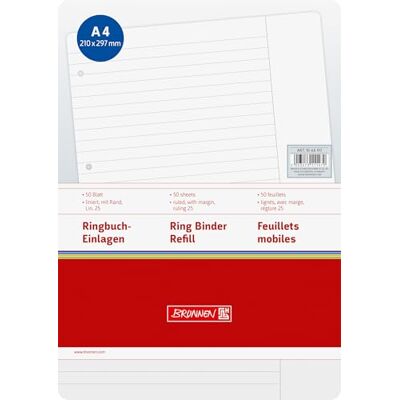 BRUNNEN 1066917 Lot de 50 feuilles de classeur A4 lignées avec marge, Linéature 25, 70 g/m² BRUNNEN 1066917 Lot de 50 feuilles de classeur A4 lignées avec marge, Linéature 25, 70 g/m²