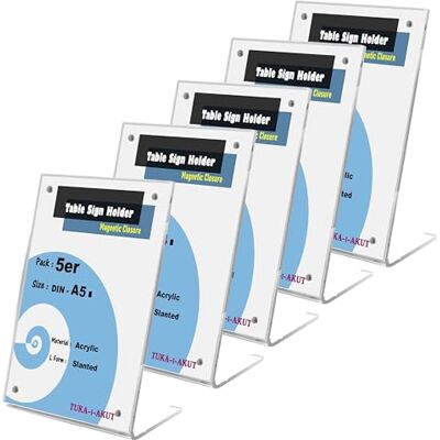 TUKA-i-AKUT Lot de 5 supports de table A5 en acrylique, fermeture magnétique, support de menu, support de panneau publicitaire, en forme de L, incliné pour menus, affiches, brochures, photos, TUKA-i-AKUT Lot de 5 supports de table A5 en acrylique, fermeture magnétique, support de menu, support de panneau publicitaire, en forme de L, incliné pour menus, affiches, brochures, photos,