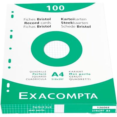 EXACOMPTA Réf. 13606E Étui de 100 fiches bristol quadrillées 5x5 perforées format 210 x 297 mm compatibles avec imprimante jet d'encre, laser et photocopieur couleur blanc EXACOMPTA Réf. 13606E Étui de 100 fiches bristol quadrillées 5x5 perforées format 210 x 297 mm compatibles avec imprimante jet d'encre, laser et photocopieur couleur blanc