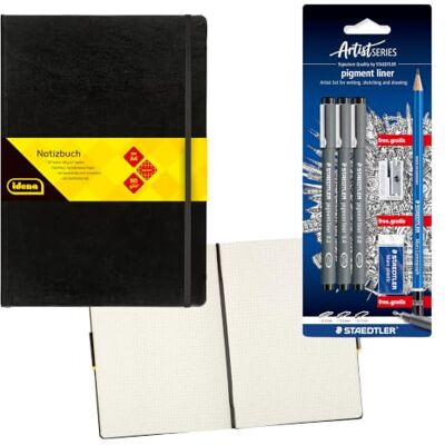 Idena Staedtler 90335 Carnet de notes format A4 avec 192 pages quadrillées avec 3 feutres pigmentés, un crayon, un taille-crayon et une gomme Idena Staedtler 90335 Carnet de notes format A4 avec 192 pages quadrillées avec 3 feutres pigmentés, un crayon, un taille-crayon et une gomme