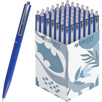 Westcott ALLTIME Lot de 50 stylos à bille rétractables avec encre bleue Largeur de trait M avec recharge standard X20 Résistant aux documents ISO 12757-2 Clip métallique robuste E-733748 00 Westcott ALLTIME Lot de 50 stylos à bille rétractables avec encre bleue Largeur de trait M avec recharge standard X20 Résistant aux documents ISO 12757-2 Clip métallique robuste E-733748 00