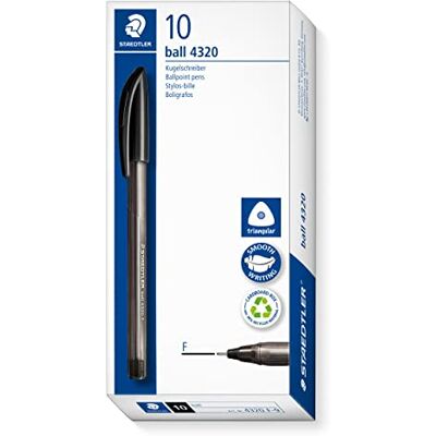 Staedtler 4320 F-9 Lot de 10 stylos à bille triangulaires, couleur d'écriture : noir, largeur de ligne F environ 0,7 mm, pour une écriture détendue, 10 stylos à bille noirs dans un étui en carton Staedtler 4320 F-9 Lot de 10 stylos à bille triangulaires, couleur d'écriture : noir, largeur de ligne F environ 0,7 mm, pour une écriture détendue, 10 stylos à bille noirs dans un étui en carton