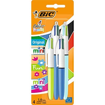 BIC 4 Colours Family Pen Lot de 4 stylos à bille rétractables avec quatre couleurs d'encre (2 mini, 2 originaux) BIC 4 Colours Family Pen Lot de 4 stylos à bille rétractables avec quatre couleurs d'encre (2 mini, 2 originaux)