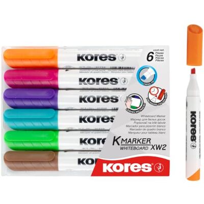 Kores K-Marker XW2 : Marqueurs de couleur pour tableau blanc avec pointe biseautée, effaçable à sec et encre à faible odeur, fournitures scolaires et de bureau, lot de 6 couleurs assorties Kores K-Marker XW2 : Marqueurs de couleur pour tableau blanc avec pointe biseautée, effaçable à sec et encre à faible odeur, fournitures scolaires et de bureau, lot de 6 couleurs assorties