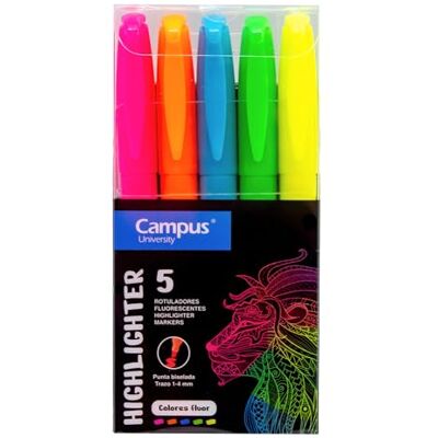 Campus Lot de 5 surligneurs fluorescents avec pointe biseautée, lot de 5 stylos surligneurs à base d'eau (Pack de 5 Néon) Campus Lot de 5 surligneurs fluorescents avec pointe biseautée, lot de 5 stylos surligneurs à base d'eau (Pack de 5 Néon)