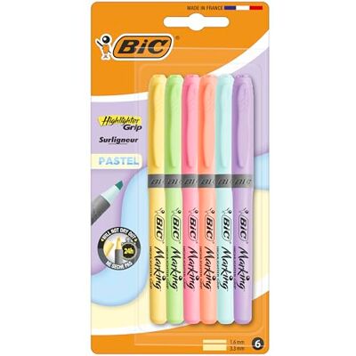 BIC Highlighter Grip Surligneurs (Pointe Biseautée/Parfait pour l'Ecole et au Bureau/Ne Sèche Pas) Couleurs Pastel Assorties, Blister de 6 BIC Highlighter Grip Surligneurs (Pointe Biseautée/Parfait pour l'Ecole et au Bureau/Ne Sèche Pas) Couleurs Pastel Assorties, Blister de 6