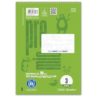 Staufen premio Lot de 5 blocs de 40 feuilles chacun, format A5, linéature 3 (14 lignes doubles), papier recyclé 90 g/m² Staufen premio Lot de 5 blocs de 40 feuilles chacun, format A5, linéature 3 (14 lignes doubles), papier recyclé 90 g/m²