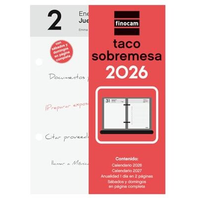 Finocam Bloc de bureau 2026 2 pages Jour Janvier 2026 Décembre 2026 (12 mois) Neutre Espagnol Finocam Bloc de bureau 2026 2 pages Jour Janvier 2026 Décembre 2026 (12 mois) Neutre Espagnol