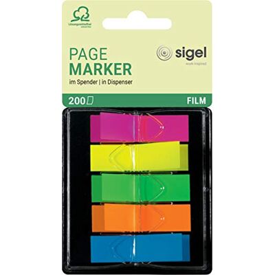 Sigel HN489 Marque-pages adhésifs en papier film transparent, en distributeur Z, 200 feuilles 4,5x1,2 cm, 5 couleurs fluo Sigel HN489 Marque-pages adhésifs en papier film transparent, en distributeur Z, 200 feuilles 4,5x1,2 cm, 5 couleurs fluo