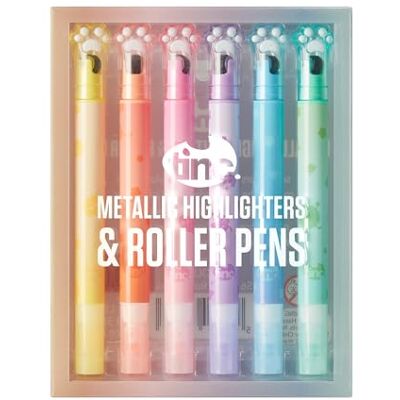 Tinc Lot de 6 surligneurs métallisés avec impression roller Différents designs Double pointe Six couleurs au choix Tinc Lot de 6 surligneurs métallisés avec impression roller Différents designs Double pointe Six couleurs au choix