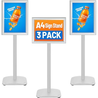 VAIIGO Lot de 3 présentoirs A4 avec base stable, supports d'affichage, porte-panneaux et porte-affiches, rotatifs pour affichage vertical/horizontal de menus, publicités, salons et accueil, argenté VAIIGO Lot de 3 présentoirs A4 avec base stable, supports d'affichage, porte-panneaux et porte-affiches, rotatifs pour affichage vertical/horizontal de menus, publicités, salons et accueil, argenté