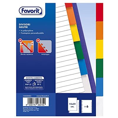 Favorit 100500802 Intercalaires avec perforations universelles pour classeurs à anneaux avec 6 compartiments neutres colorés, format intérieur A5, en polypropylène (matière plastique non toxique) Favorit 100500802 Intercalaires avec perforations universelles pour classeurs à anneaux avec 6 compartiments neutres colorés, format intérieur A5, en polypropylène (matière plastique non toxique)