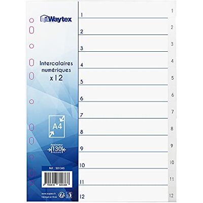Waytex 931345 Intercalaires Numériques A4 12 Touches avec Numéros Imprimés de 1 à 12 en Polypropylène Blanc avec Index Waytex 931345 Intercalaires Numériques A4 12 Touches avec Numéros Imprimés de 1 à 12 en Polypropylène Blanc avec Index