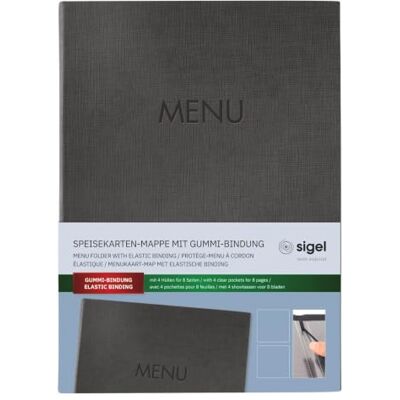 Sigel SM206 Protège-menu à cordon élastique avec 2 pochette transparent pour 8 feuilles DIN A4, gaufrage Menu, anthracite, 1 pièce Sigel SM206 Protège-menu à cordon élastique avec 2 pochette transparent pour 8 feuilles DIN A4, gaufrage Menu, anthracite, 1 pièce