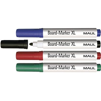 MAUL Marqueurs tableau lot 4 rouge vert bleu noir écriture vive et nette, séchage rapide sans bavures, s’efface facilement, pointe ronde pour traits visibles MAUL Marqueurs tableau lot 4 rouge vert bleu noir écriture vive et nette, séchage rapide sans bavures, s’efface facilement, pointe ronde pour traits visibles