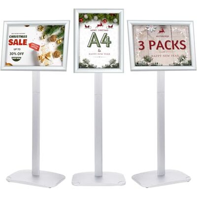 Mutualsign Lot de 3 supports robustes pour affiches A4 avec base stable, cadre encliquetable pour menu, avis, publicité, bienvenue, argenté Mutualsign Lot de 3 supports robustes pour affiches A4 avec base stable, cadre encliquetable pour menu, avis, publicité, bienvenue, argenté