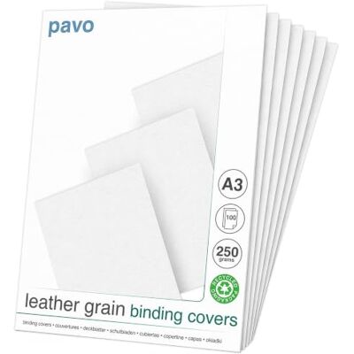 Pavo Plats de couverture A3 grain cuir 250 g, Paquet de 100 Blanc Pavo Plats de couverture A3 grain cuir 250 g, Paquet de 100 Blanc
