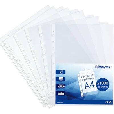 Waytex Lot de 1000 pochettes plastiques perforées épaisses A4 lisses pour usage intensif, protège-documents transparents haute capacité 70 microns en polypropylène brillant antistatique pour classeur Waytex Lot de 1000 pochettes plastiques perforées épaisses A4 lisses pour usage intensif, protège-documents transparents haute capacité 70 microns en polypropylène brillant antistatique pour classeur