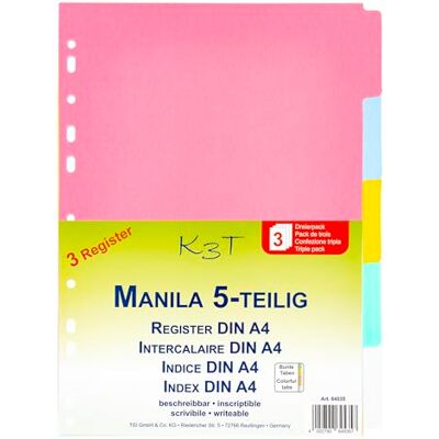 K3T Lot de 5 intercalaires en carton manille solide avec onglets colorés, n° d'article 64535 K3T Lot de 5 intercalaires en carton manille solide avec onglets colorés, n° d'article 64535