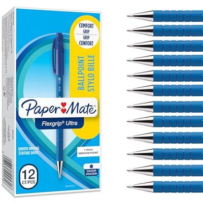 Paper Mate Flexgrip Ultra stylo bille à capuchon pointe moyenne (1,0 mm) encre bleue boîte de 12 Paper Mate Flexgrip Ultra stylo bille à capuchon pointe moyenne (1,0 mm) encre bleue boîte de 12