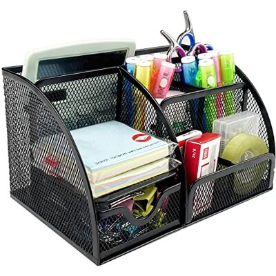 Fousenuk Organisateur de Bureau Noir en Filet Métallique avec Tiroir Coulissant, 7 Compartiments pour Stylos, Agrafeuses, Pinces Dossiers, Notes Autocollantes Fousenuk Organisateur de Bureau Noir en Filet Métallique avec Tiroir Coulissant, 7 Compartiments pour Stylos, Agrafeuses, Pinces Dossiers, Notes Autocollantes