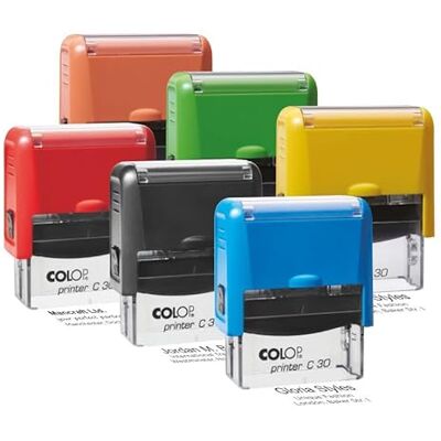 COLOP Printer Tampon encreur Compact Différentes couleurs d'encre (30) avec plaque de texte individuelle / logo COLOP Printer Tampon encreur Compact Différentes couleurs d'encre (30) avec plaque de texte individuelle / logo