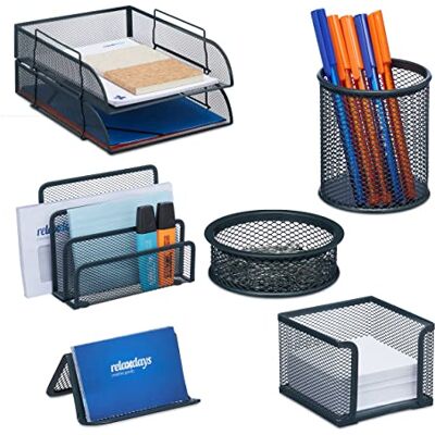 Relaxdays Lot de 7 organisateurs de bureau, en maille, compartiments de rangement, pour notes, lettres, trombones, porte-stylos, anthracite Relaxdays Lot de 7 organisateurs de bureau, en maille, compartiments de rangement, pour notes, lettres, trombones, porte-stylos, anthracite