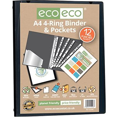 eco-eco Classeur de présentation A4 65% recyclé à 4 anneaux avec 12 pochettes perforées Noir eco046 eco-eco Classeur de présentation A4 65% recyclé à 4 anneaux avec 12 pochettes perforées Noir eco046
