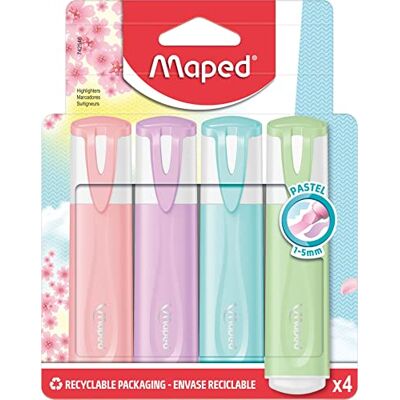 Maped 742546 Surligneurs Pastel Pointe Biseautée pour Trait de 1 à 5mm Lot de 4 Couleurs Assorties Maped 742546 Surligneurs Pastel Pointe Biseautée pour Trait de 1 à 5mm Lot de 4 Couleurs Assorties