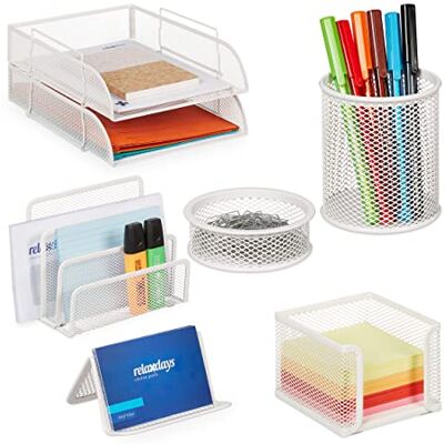 Relaxdays Lot de 7 organisateurs de bureau en métal, compartiments de rangement, boîte à notes, porte-lettres, trombones et stylos, blanc, 8,5 x 26,5 x 33,5 cm Relaxdays Lot de 7 organisateurs de bureau en métal, compartiments de rangement, boîte à notes, porte-lettres, trombones et stylos, blanc, 8,5 x 26,5 x 33,5 cm