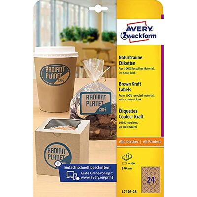 Avery L7105-25 Lot de 25 Étiquettes en Papier Kraft (600 Autocollants pour Imprimer, Ø 40 mm sur A4, Autocollants de Produit Durables, Marron Naturel Avery L7105-25 Lot de 25 Étiquettes en Papier Kraft (600 Autocollants pour Imprimer, Ø 40 mm sur A4, Autocollants de Produit Durables, Marron Naturel