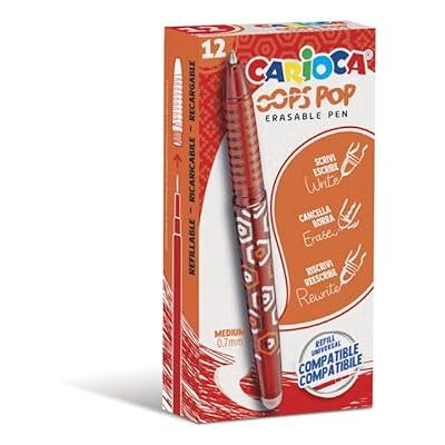 CARIOCA Lot de 12 stylos effaçables pour l'école et le bureau avec capuche, double caoutchouc et poignée ergonomique, stylos rouges, 12 CARIOCA Lot de 12 stylos effaçables pour l'école et le bureau avec capuche, double caoutchouc et poignée ergonomique, stylos rouges, 12