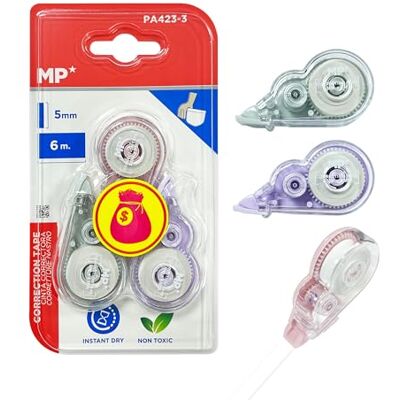 MP Lot de 3 rouleaux correcteurs souris, 6 m x 5 mm, ruban correcteur précis, effaçable immédiatement, pour bureau, bureau à domicile ou école, coacts MP Lot de 3 rouleaux correcteurs souris, 6 m x 5 mm, ruban correcteur précis, effaçable immédiatement, pour bureau, bureau à domicile ou école, coacts