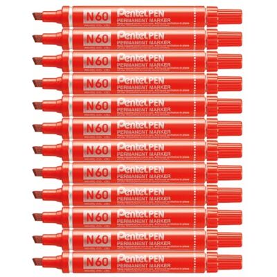 Pentel Pen Lot de 12 Marqueurs permanents N60 Pointe biseautée Encre rouge Pentel Pen Lot de 12 Marqueurs permanents N60 Pointe biseautée Encre rouge
