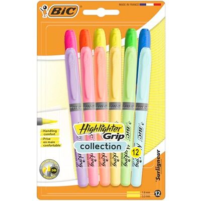 BIC Highlighter Grip, surligneurs avec pointe biseautée réglable, couleurs vives et pastel, lot de 12 BIC Highlighter Grip, surligneurs avec pointe biseautée réglable, couleurs vives et pastel, lot de 12