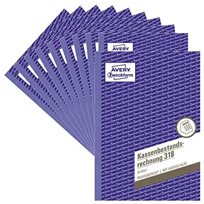 Avery 318-10 Lot de 10 calculs de caisse (A5, approuvés par des experts juridiques, pour l'Allemagne et l'Autriche pour une gestion correcte et économique des comptes 50 feuilles) Blanc Avery 318-10 Lot de 10 calculs de caisse (A5, approuvés par des experts juridiques, pour l'Allemagne et l'Autriche pour une gestion correcte et économique des comptes 50 feuilles) Blanc