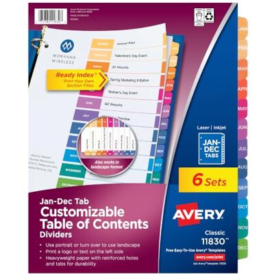 Avery Intercalaires mensuels pour classeurs à 3 anneaux, table des matières personnalisables, onglets multicolores, 6 ensembles (11830) Avery Intercalaires mensuels pour classeurs à 3 anneaux, table des matières personnalisables, onglets multicolores, 6 ensembles (11830)