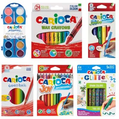 CARIOCA Lot de 18 crayons de couleur, 24 feutres à pointe fine, 6 feutres à pointe grande, 24 crayons à cire, 12 aquarelles et 6 colles, paillettes, 90 pièces CARIOCA Lot de 18 crayons de couleur, 24 feutres à pointe fine, 6 feutres à pointe grande, 24 crayons à cire, 12 aquarelles et 6 colles, paillettes, 90 pièces