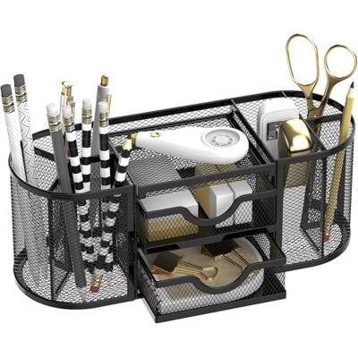 SUPEASY Organiseur de bureau en maille filet Organiseur de bureau et accessoires Porte-stylos avec 2 tiroirs Noir SUPEASY Organiseur de bureau en maille filet Organiseur de bureau et accessoires Porte-stylos avec 2 tiroirs Noir