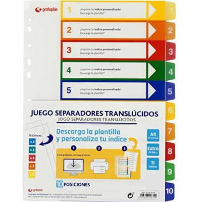 Grafoplás Séparateurs Translucides personnalisables, 10 positions, A4, Propropylène Extra 300μ, 11 perceuses, parfaits pour classeurs Grafoplás Séparateurs Translucides personnalisables, 10 positions, A4, Propropylène Extra 300μ, 11 perceuses, parfaits pour classeurs