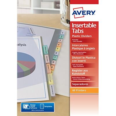Avery Intercalaires à onglets personnalisables et imprimables, 8 touches, Format A4, En polypropylène coloré translucide Avery Intercalaires à onglets personnalisables et imprimables, 8 touches, Format A4, En polypropylène coloré translucide